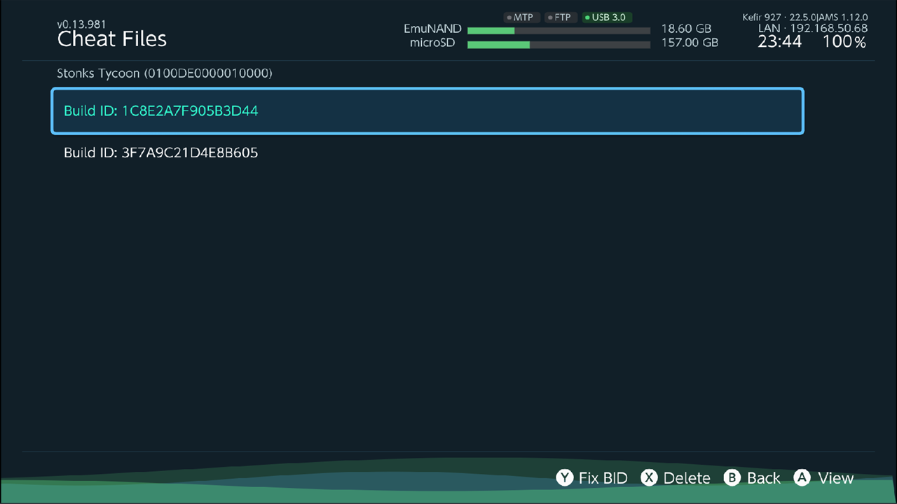 Cheat files of one game: two files listed by Build ID, footer A View / X Delete / Y Fix BID