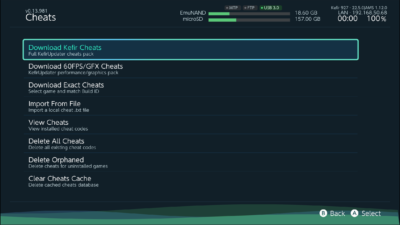 Cheats menu with all eight entries, Download Kefir Cheats focused
