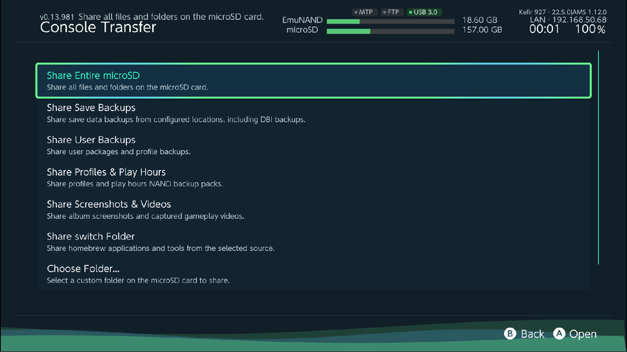 Console Transfer screen with all seven share items