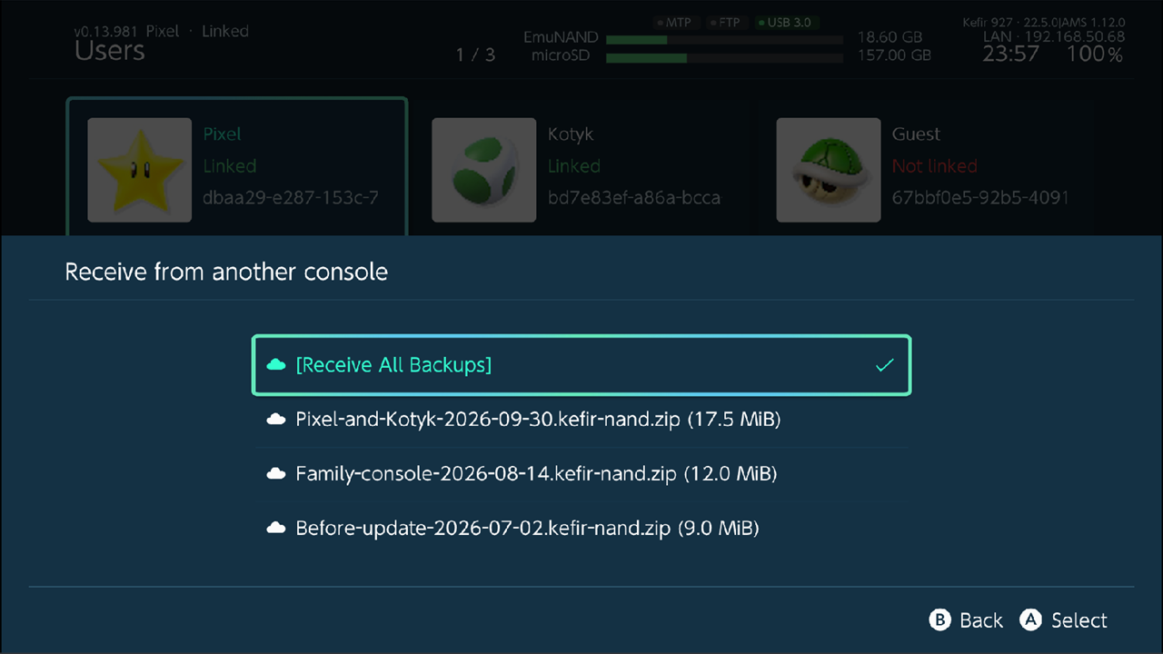 List of backups on the sending console, first line receives all