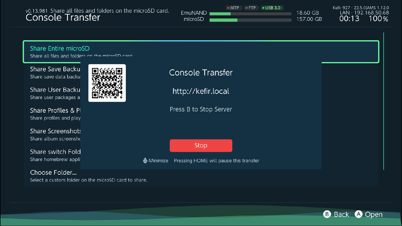 Server screen titled Console Transfer: address, QR code, "Press B to Stop Server"