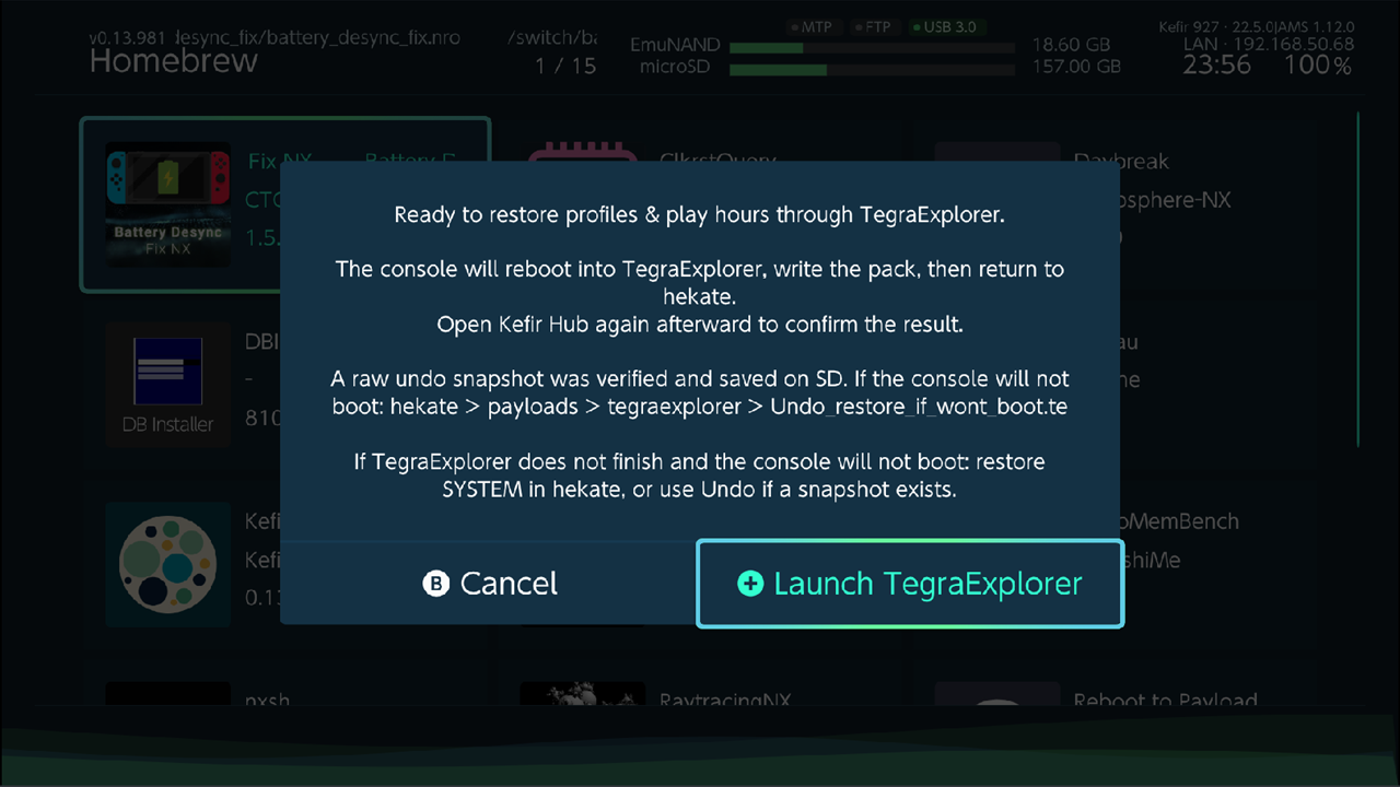 "Ready to restore profiles & play hours through TegraExplorer" dialog with Launch TegraExplorer