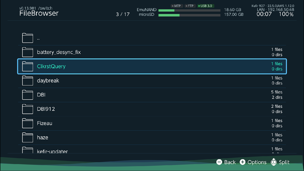 File Browser in List layout inside /switch, header shows the path and 2 / 15