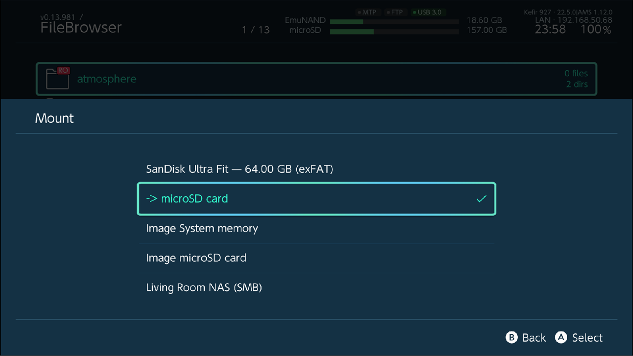 Sources panel: Mount list with microSD card, a USB drive and an SMB share