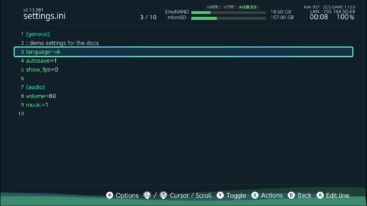 Text editor in edit mode on an .ini file, one line highlighted, footer with Edit line, Toggle, Actions