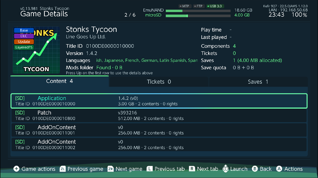 Game Details screen: header stats, Content tab with base game and one update