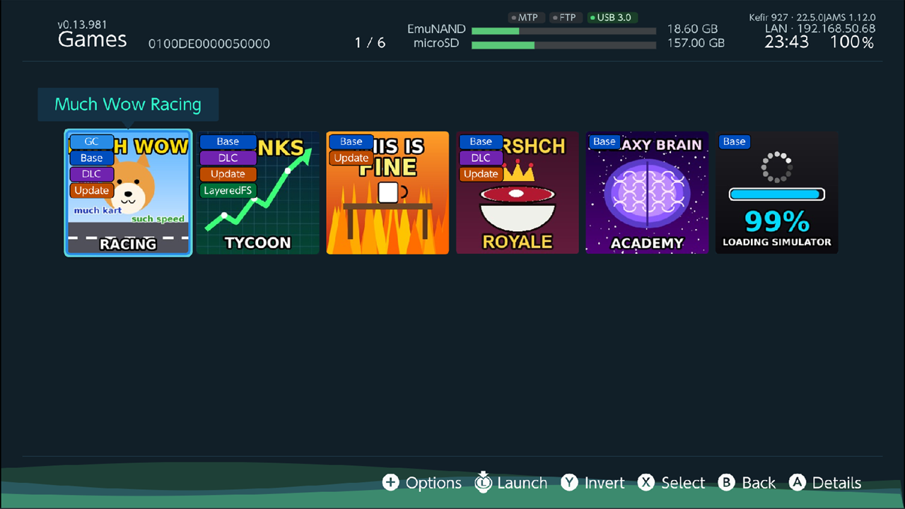Games list in the default Icon layout, one game focused, footer with A Details / L3 Launch / START Options