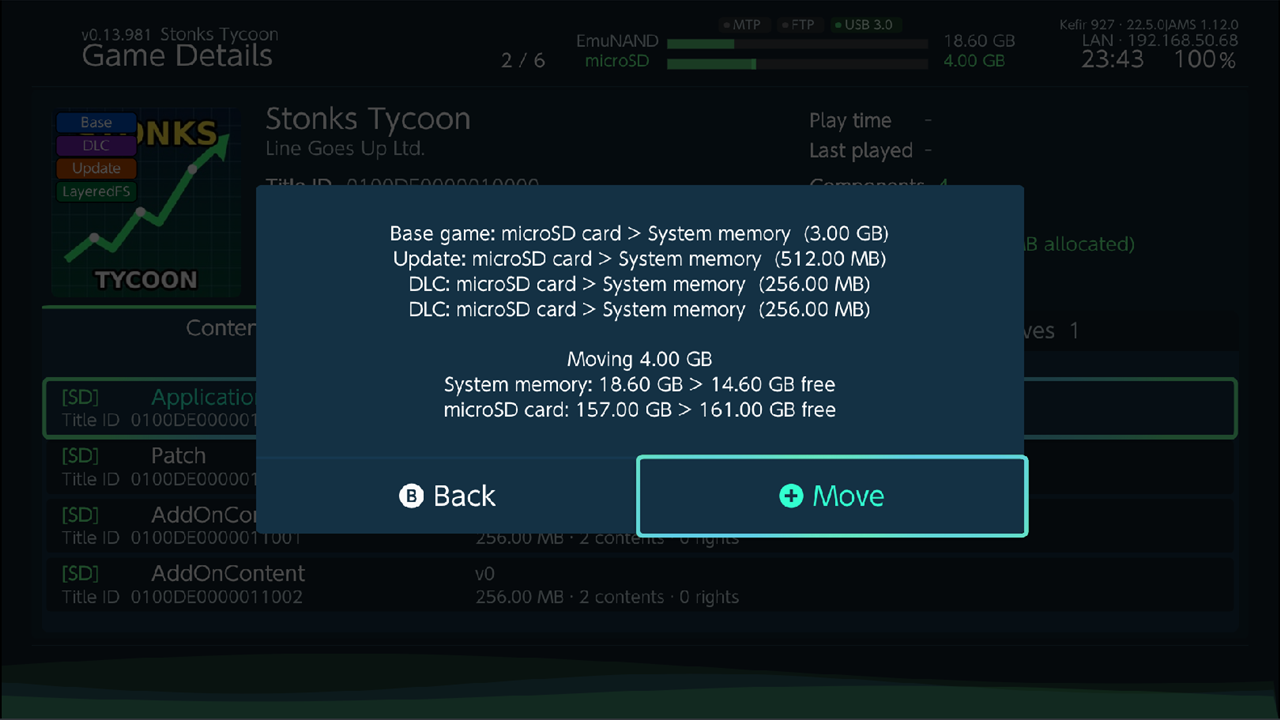 Move summary dialog: base game NAND > SD with size, free space before and after, Back / Move buttons
