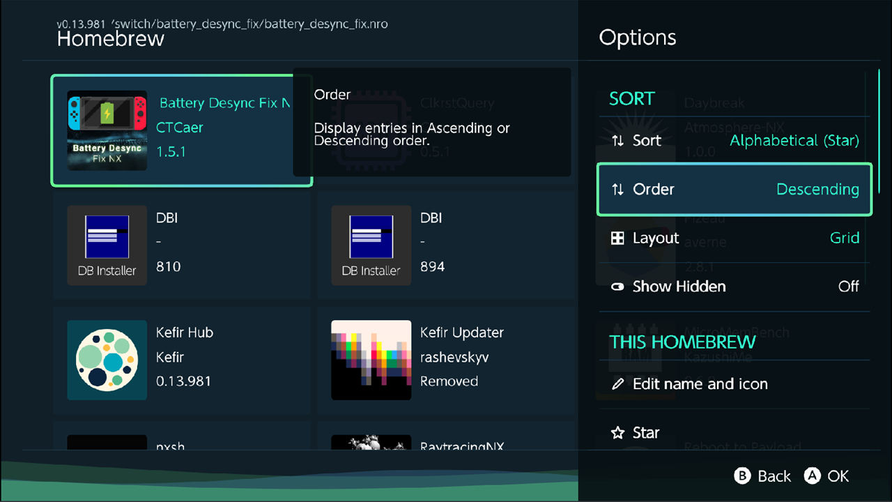 Homebrew options panel open on the right, one entry selected with its description visible