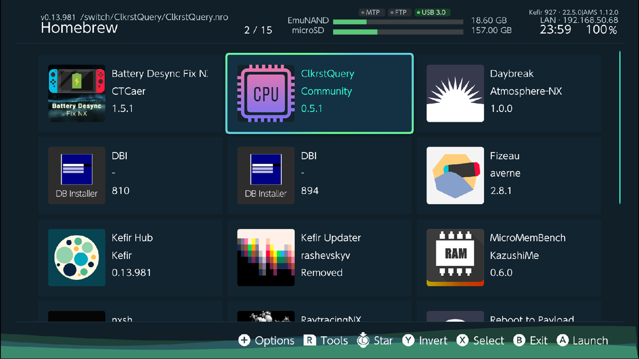 Homebrew tab in the default Grid layout, one app selected, path shown in the header