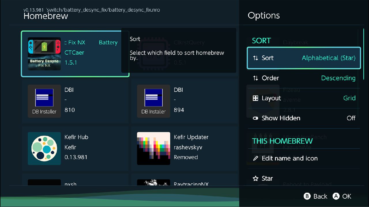 Homebrew options panel: Sort, Order, Layout, Show Hidden, then THIS HOMEBREW section