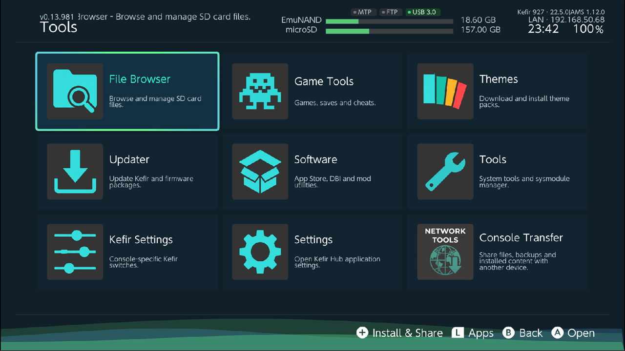 Tools tab grid, File Browser tile selected
