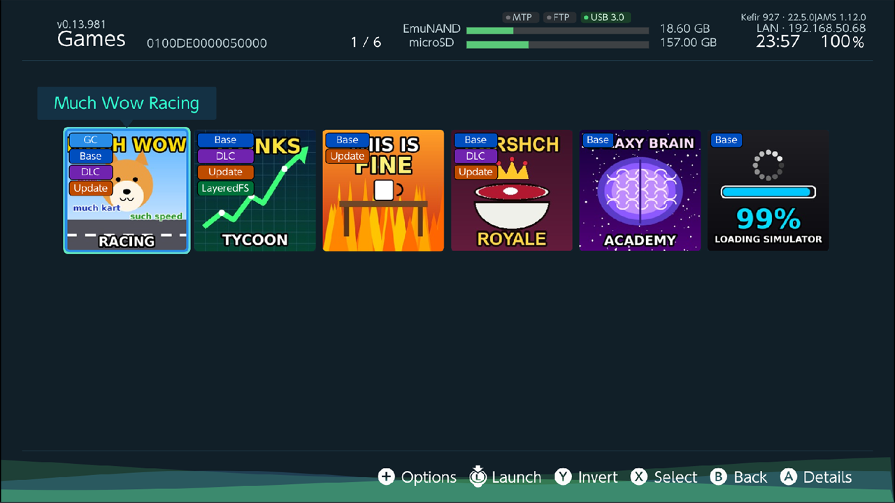 Games list with the game card row at the top, GC badge and outline