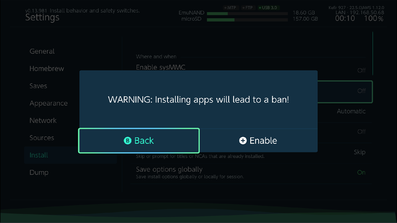 Ban warning dialog with Back and Enable buttons