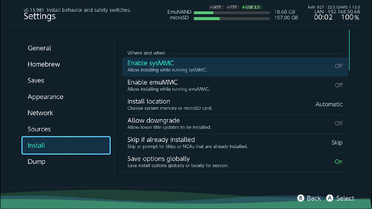 Settings, Install page with the three groups visible