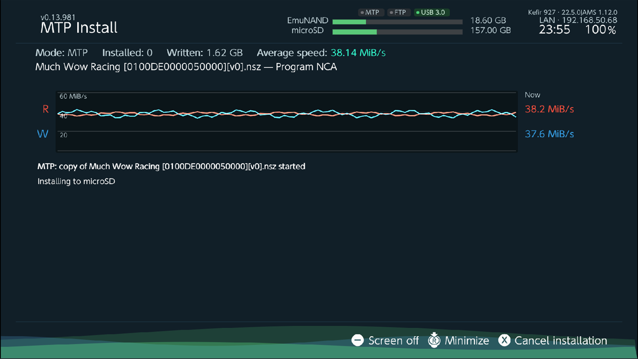 MTP Install screen during a copy: Mode MTP, Written, Average speed, log