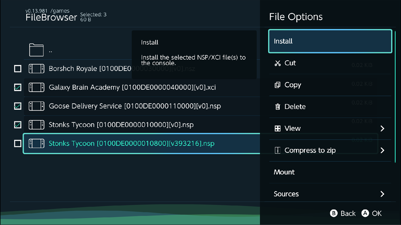 File Browser options menu with Install and Install recursively, three NSP files selected