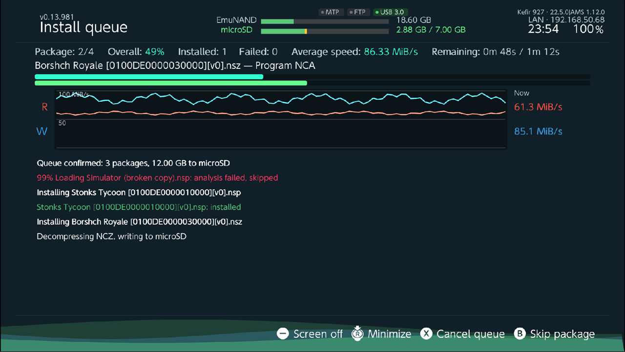 Queue installing package 2 of 4, progress bar, speed graph and log