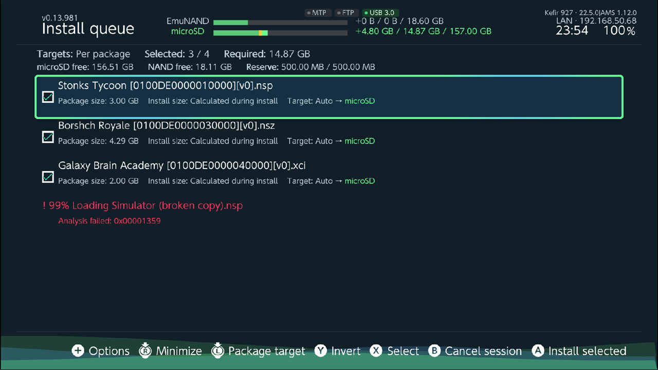 Install queue with four packages, one Analysis failed row, header with free space