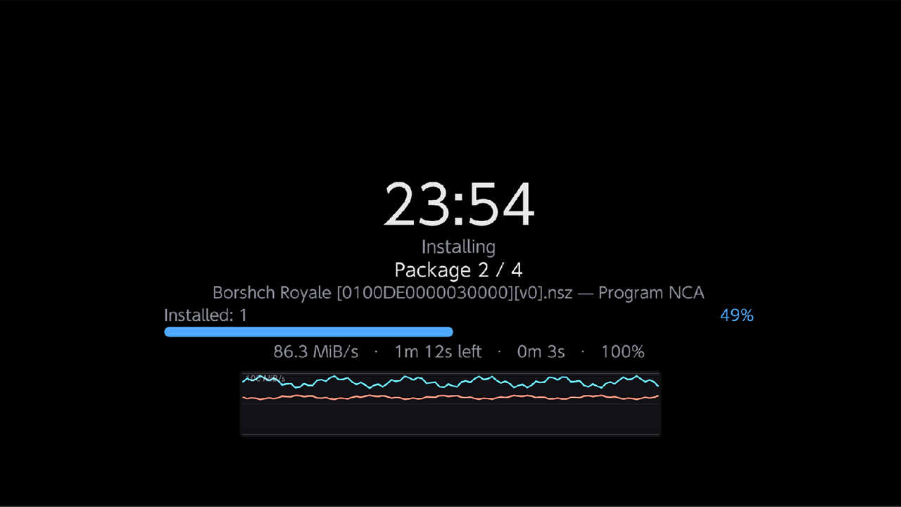 Screensaver during an install with clock, progress bar and battery