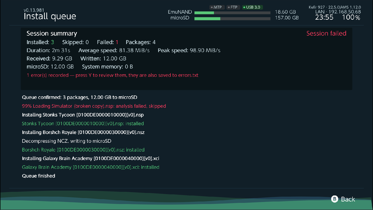 Session summary with 3 installed, 1 failed