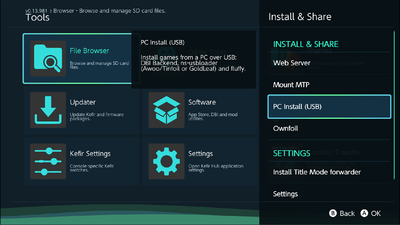 Install & Share menu with PC Install (USB) highlighted