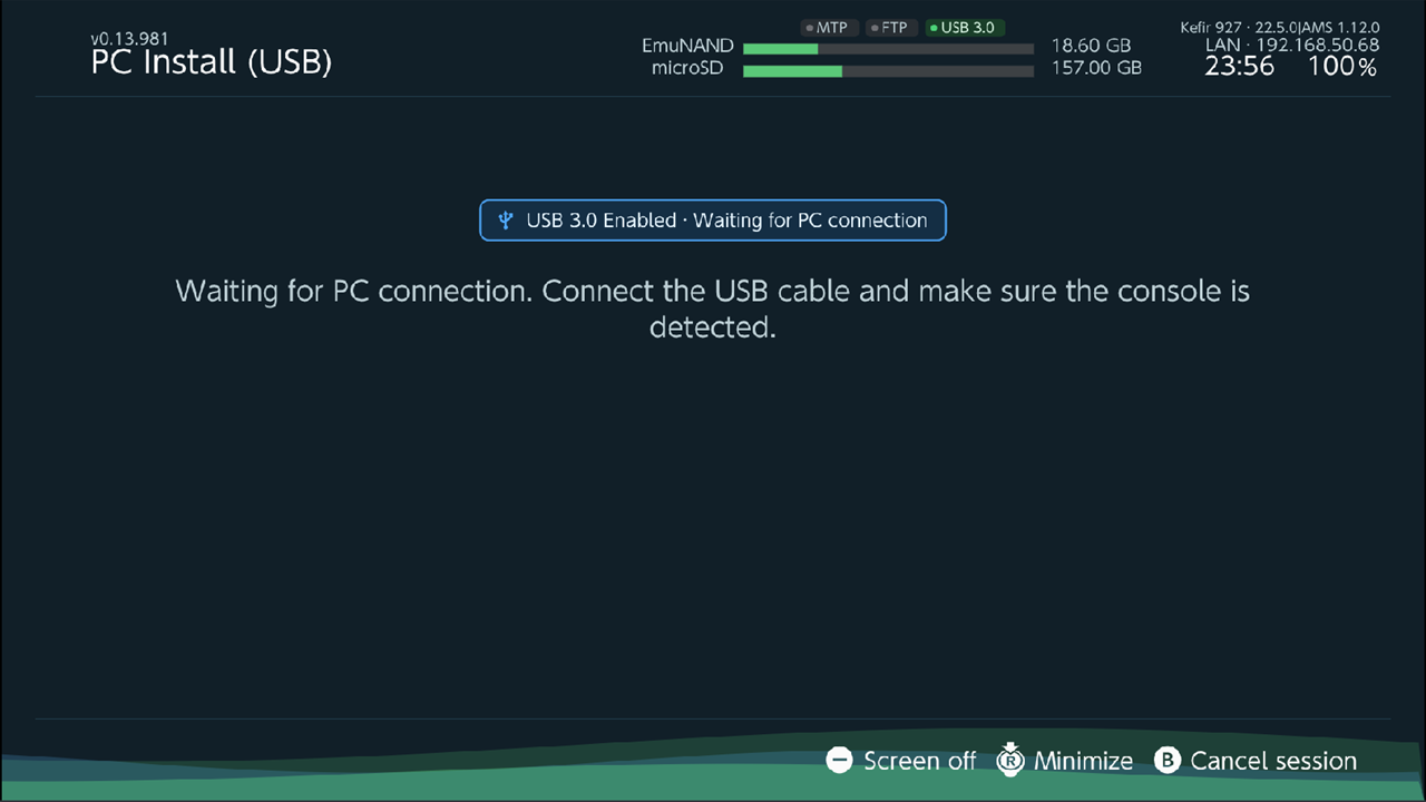 PC Install (USB) waiting screen with the USB 2.0 badge