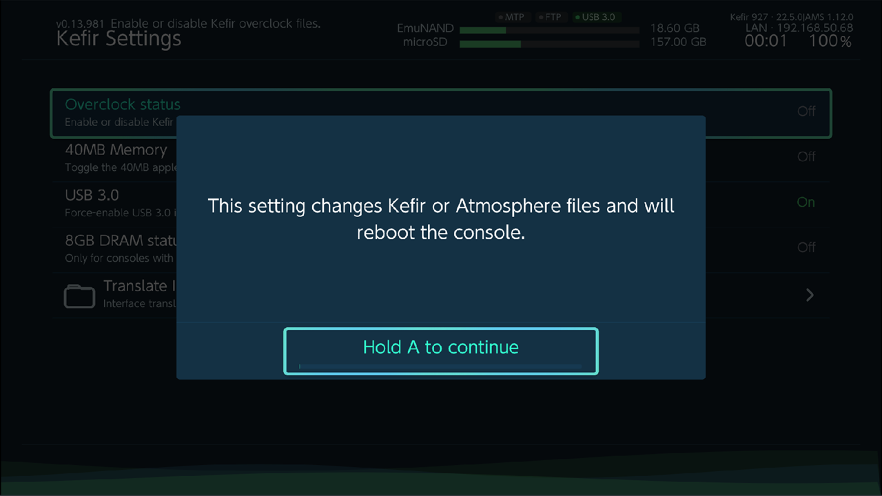 Hold-to-confirm box for a Kefir setting, "Hold A to continue" with progress bar
