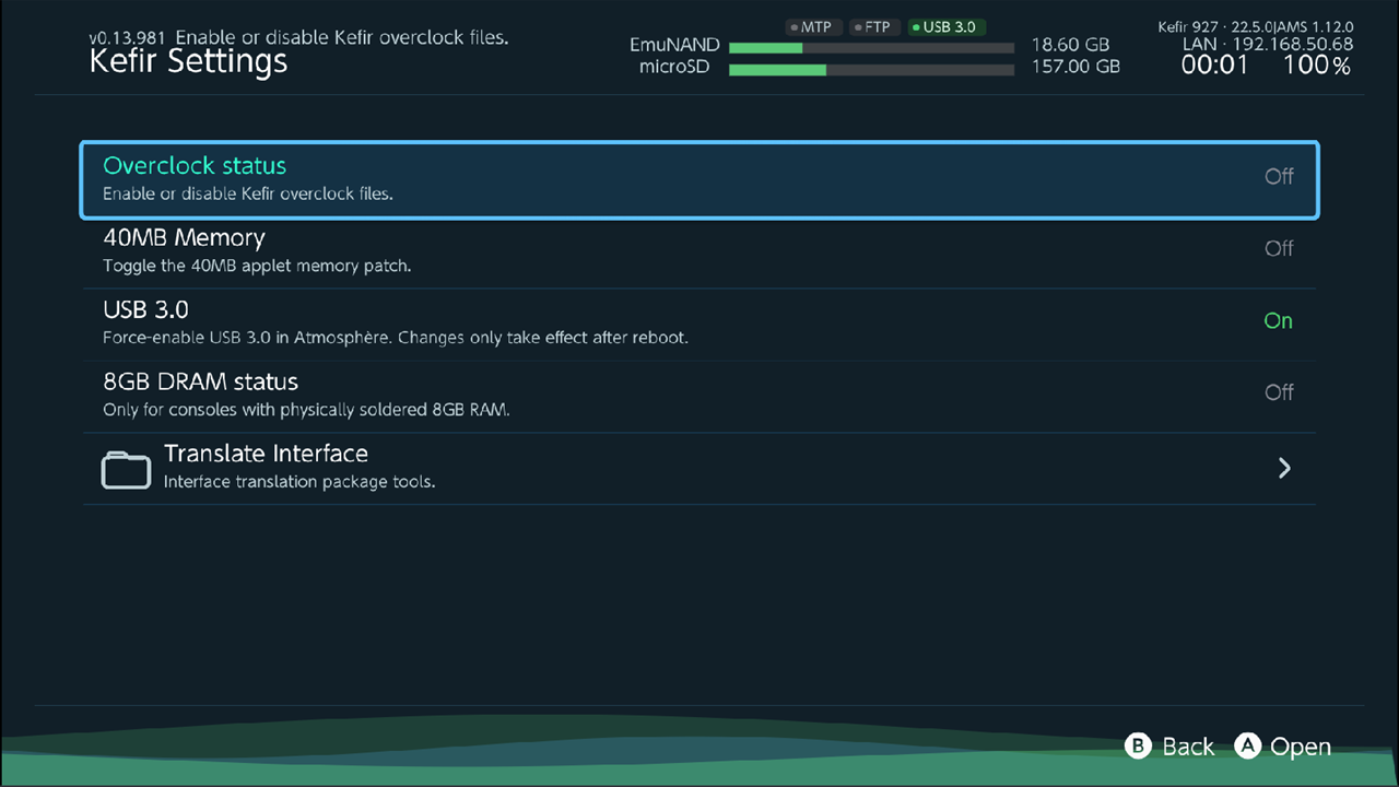 Kefir Settings list: Overclock status, 40MB Memory, USB 3.0, 8GB DRAM status, Translate Interface, each with On/Off