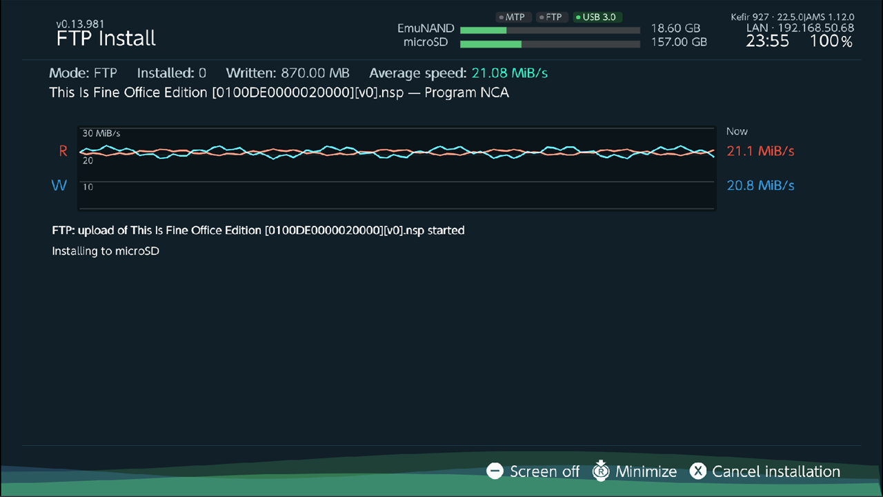 FTP Install screen: Mode FTP, Installed, Written, Average speed, no percent