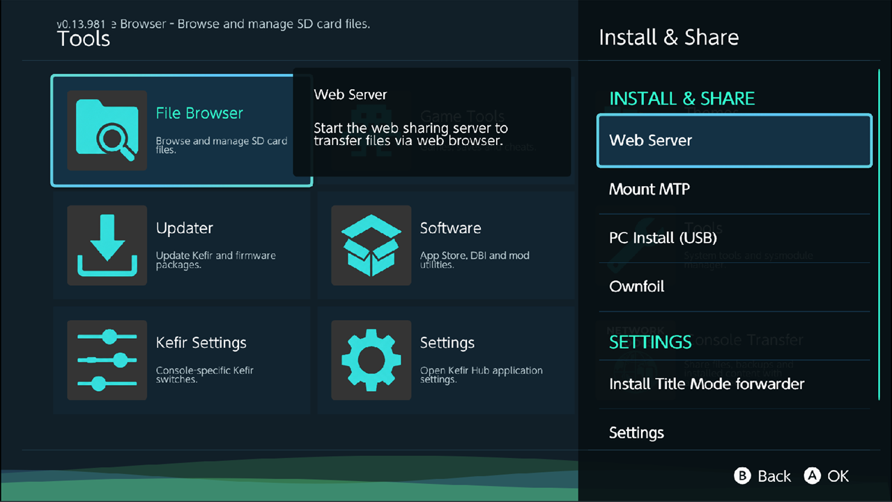 Tools screen with the Install & Share panel open on the right, Web Server highlighted