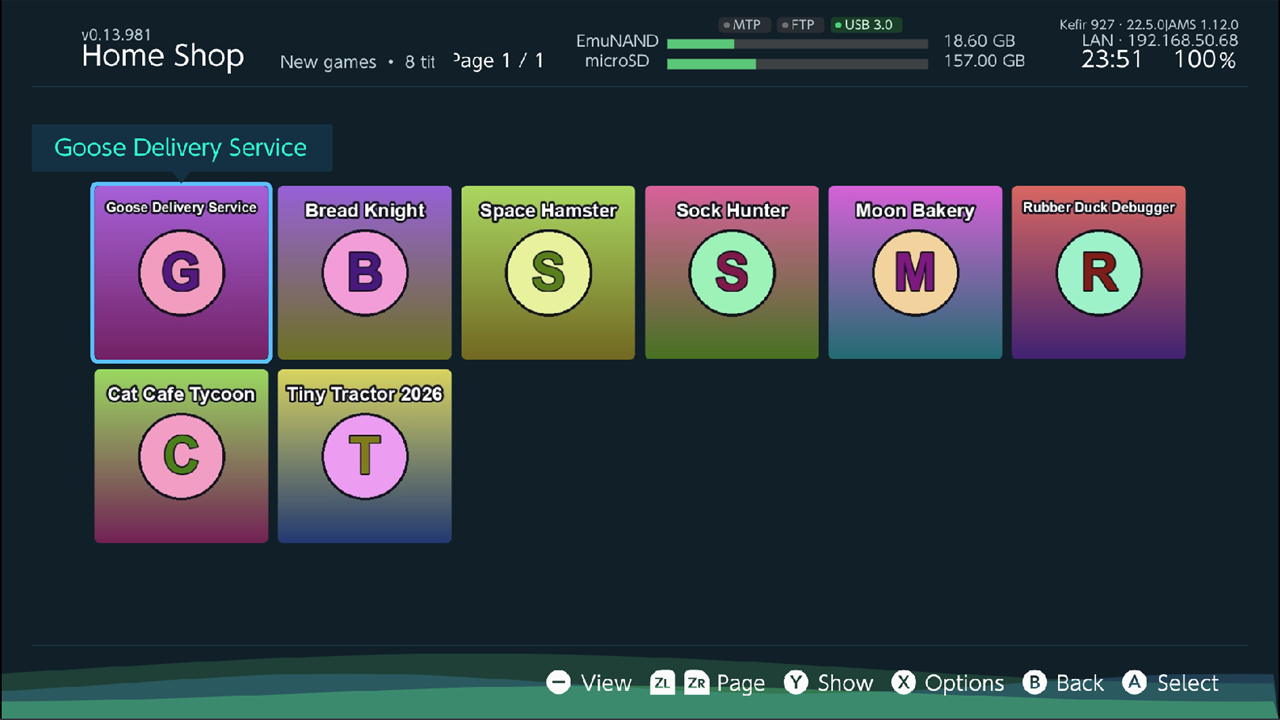 Ownfoil catalog in Icon view, New games selected, page counter visible