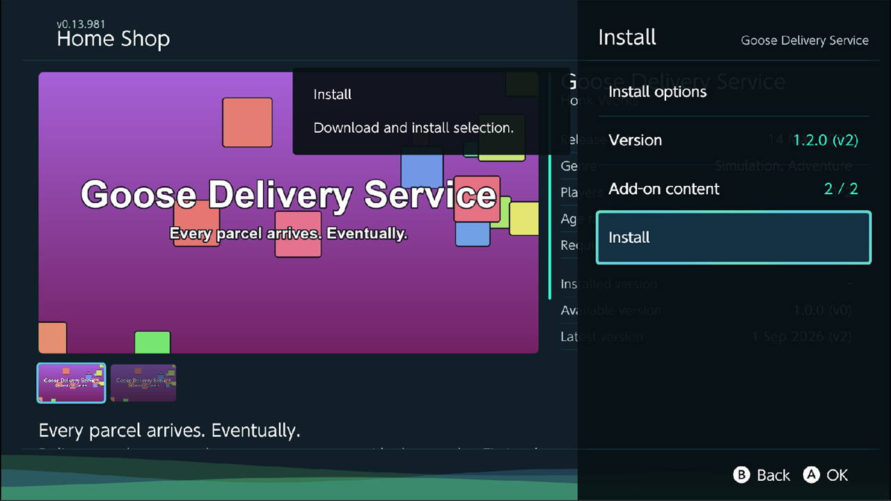 Install panel of a game: Install options, Version, Add-on content, Install