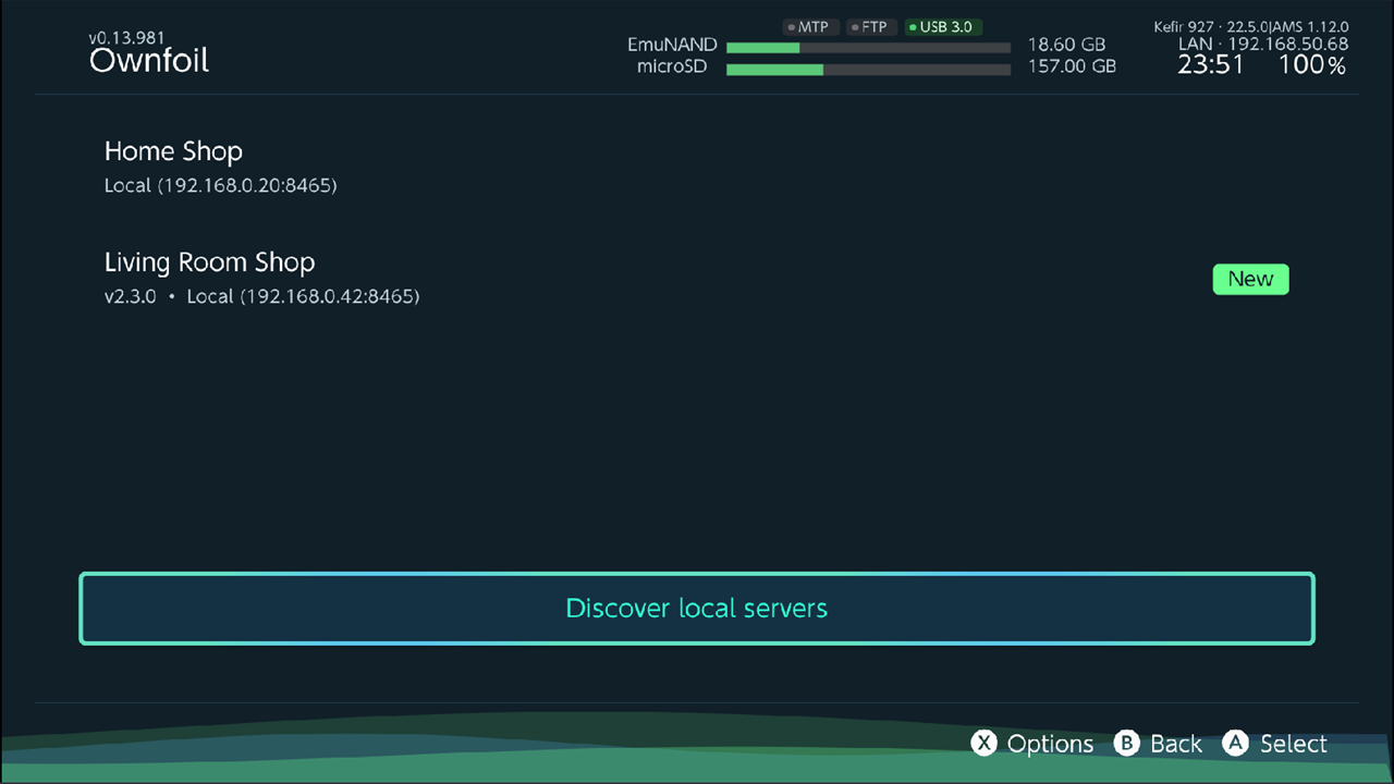 Ownfoil server list: one saved server with its local address, one found server tagged New, Discover local servers button