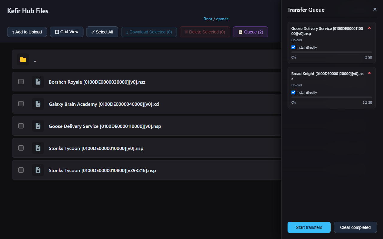 Browser: Kefir Hub Files page with the Queue panel open, two NSP files with "Install directly" ticked