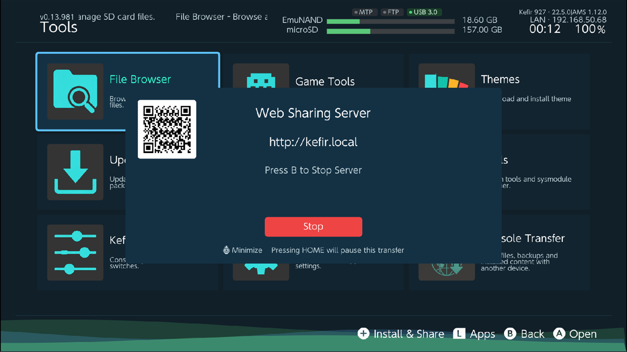 Web Sharing Server window with the QR code, the address and "Press B to Stop Server"