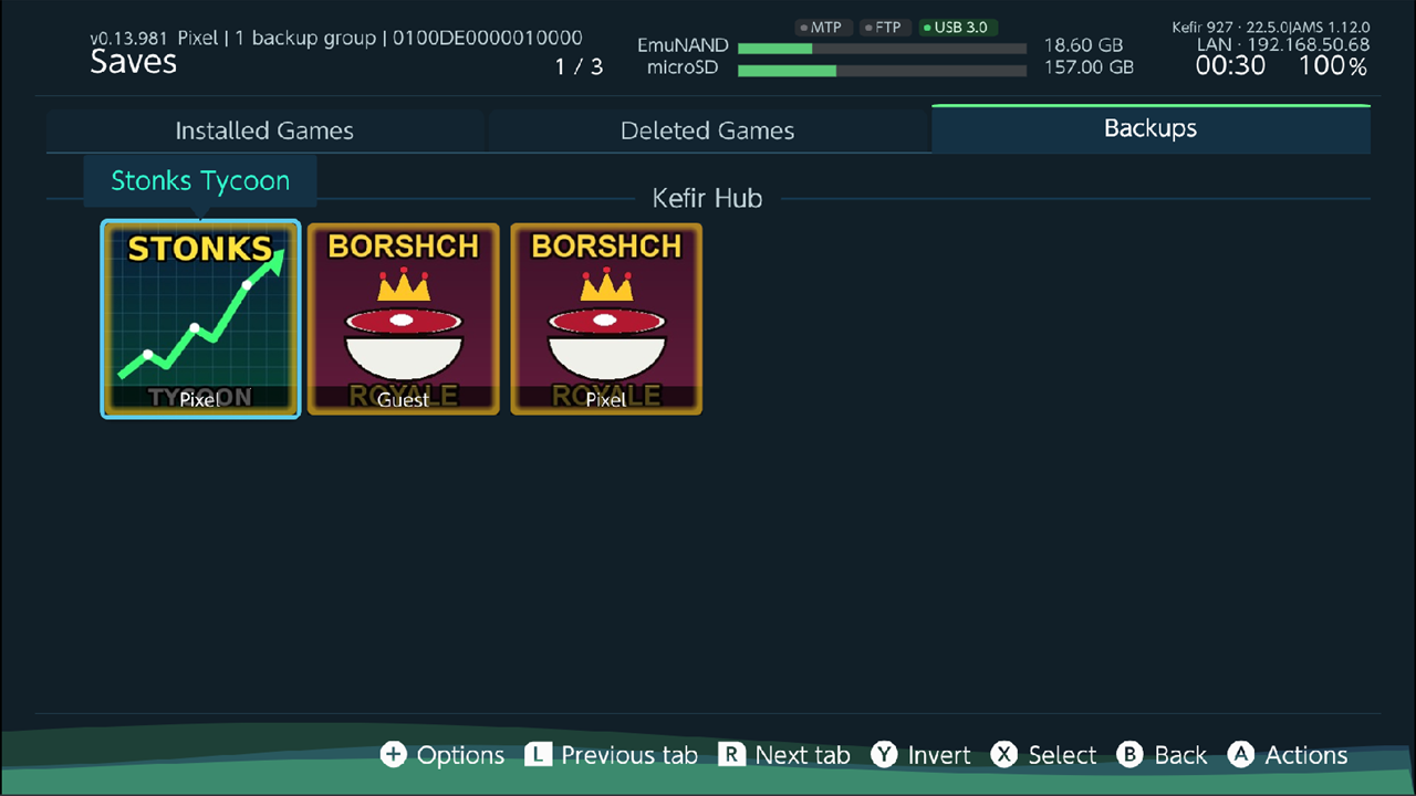 Backups tab: game tiles with the owner name at the bottom, one game shown twice for two users