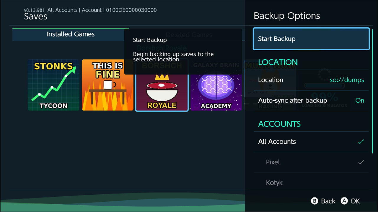 Backup Options sidebar: Start Backup, Location sd://dumps, Auto-sync after backup, ACCOUNTS with two users