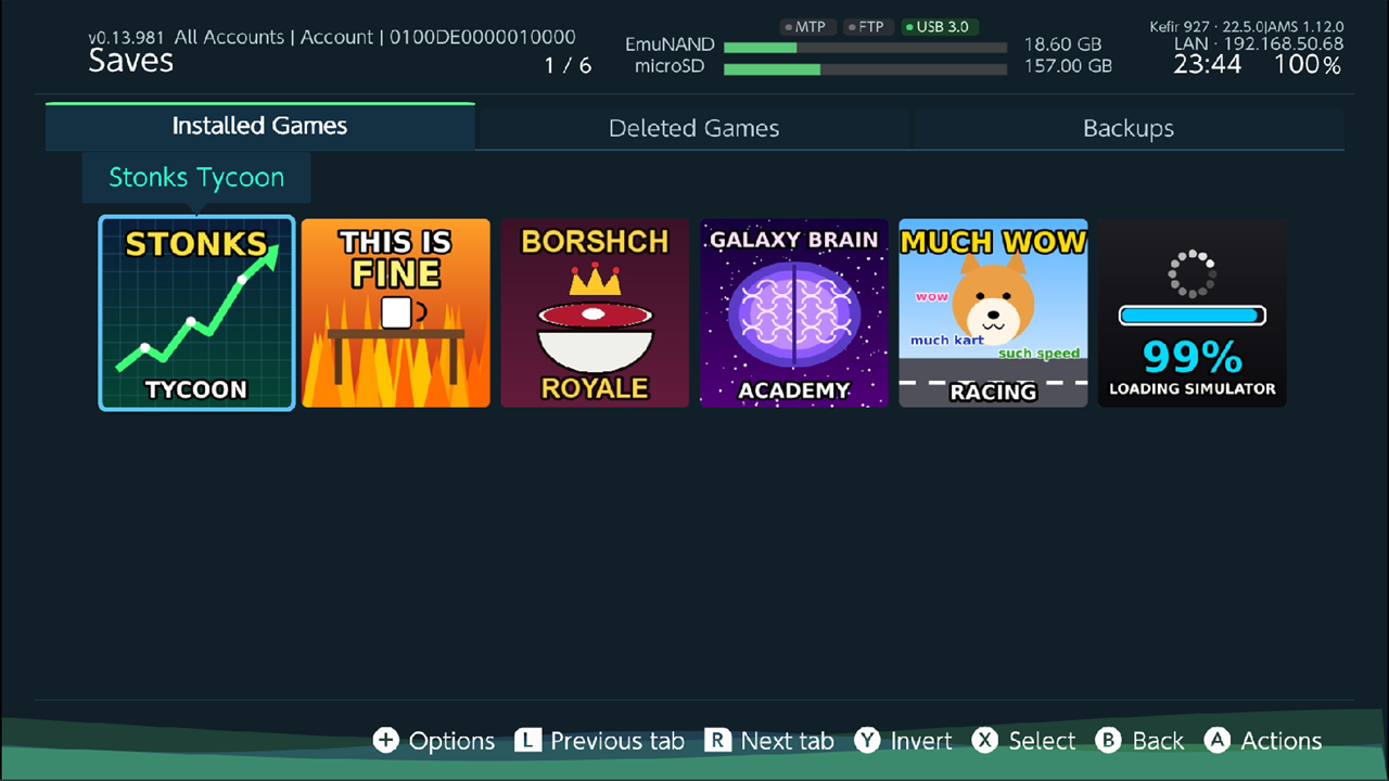 Saves screen, Installed Games tab, several game tiles, subheading with user name and "Account"