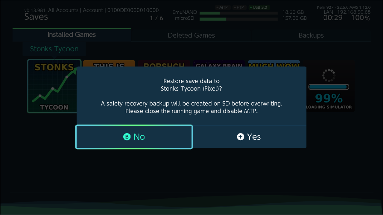 Final restore confirmation: game name, safety recovery note, No / Yes