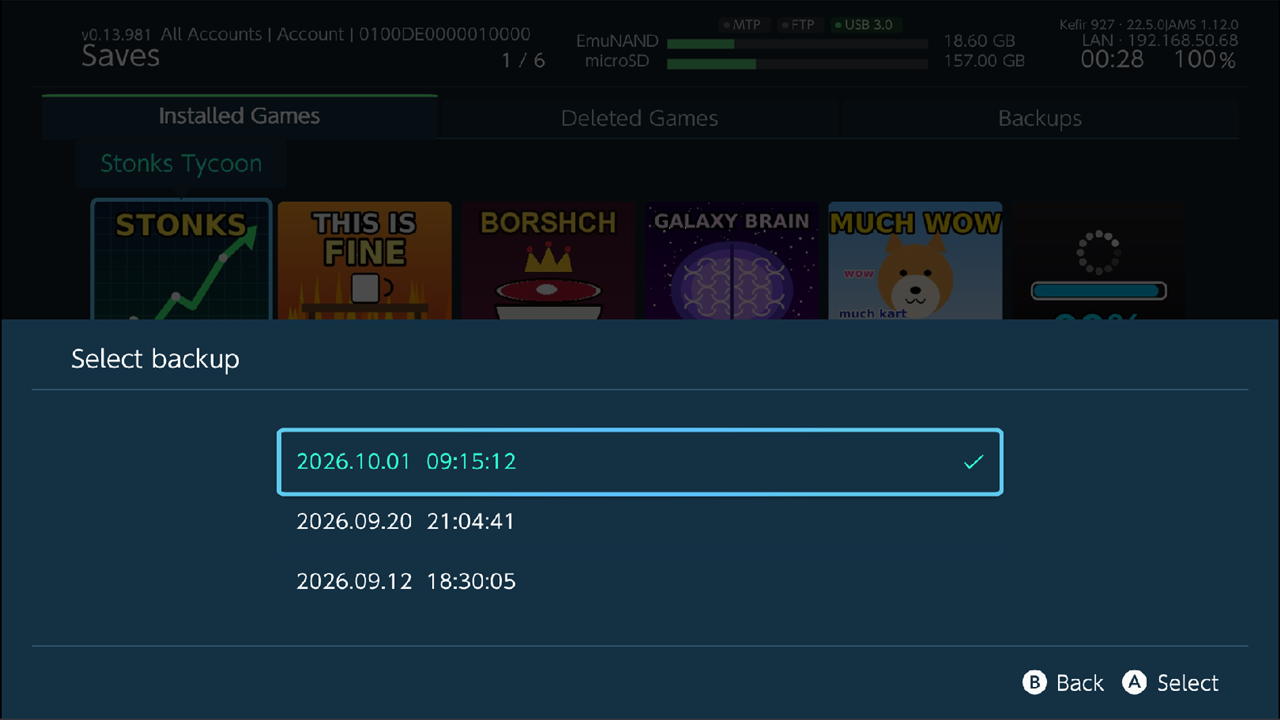Select backup list with three dated backups