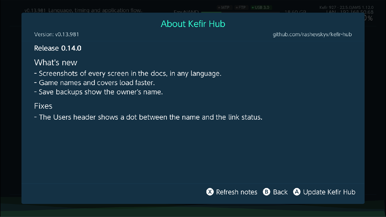 About Kefir Hub window with version and release notes
