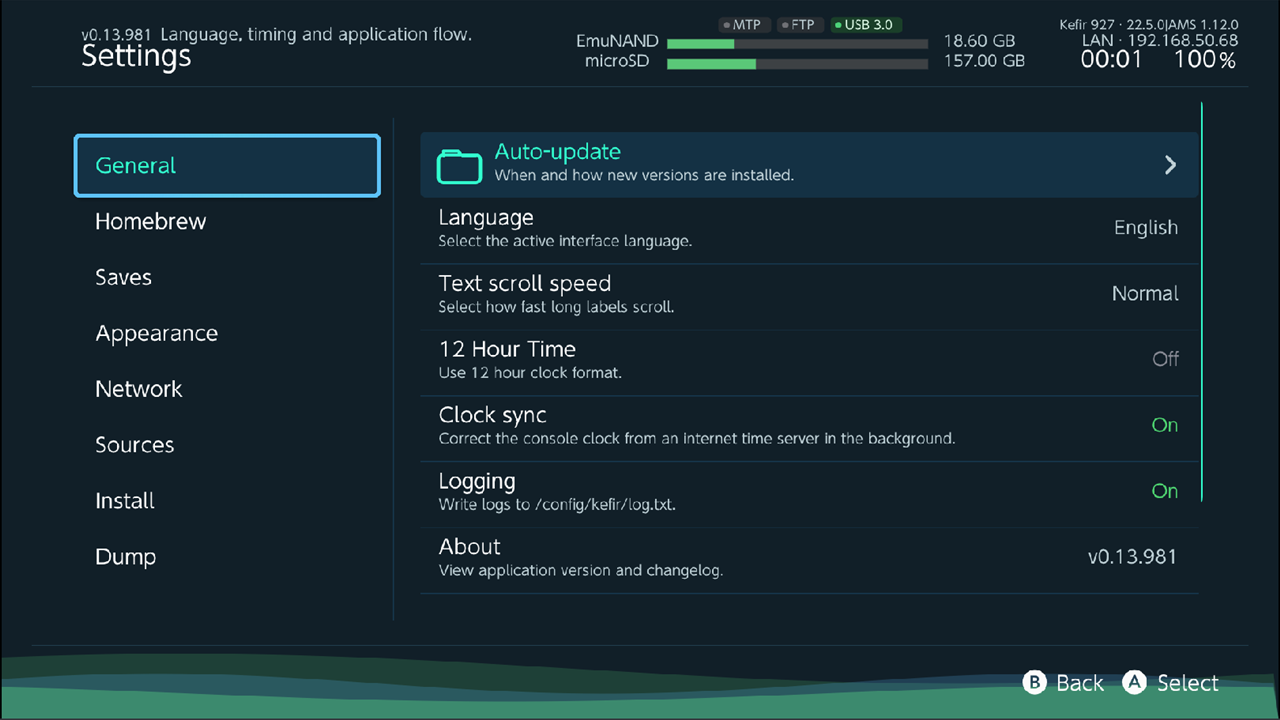Settings screen, General category selected on the left, its options on the right