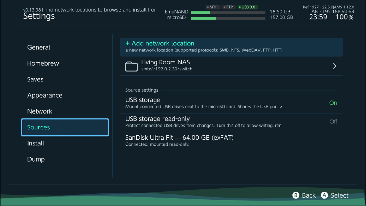 Sources category with one network location and one USB drive listed