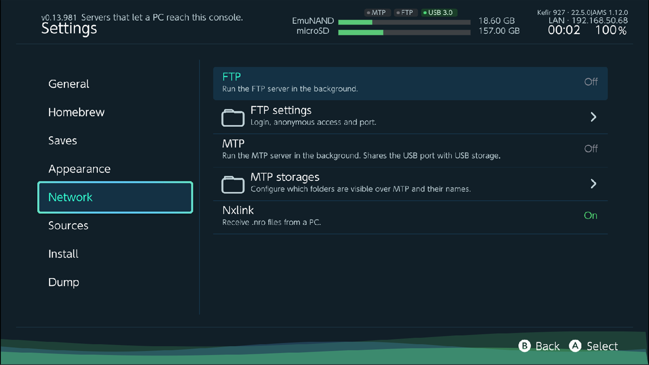Settings, Network: FTP on, FTP settings, MTP, MTP storages, Nxlink
