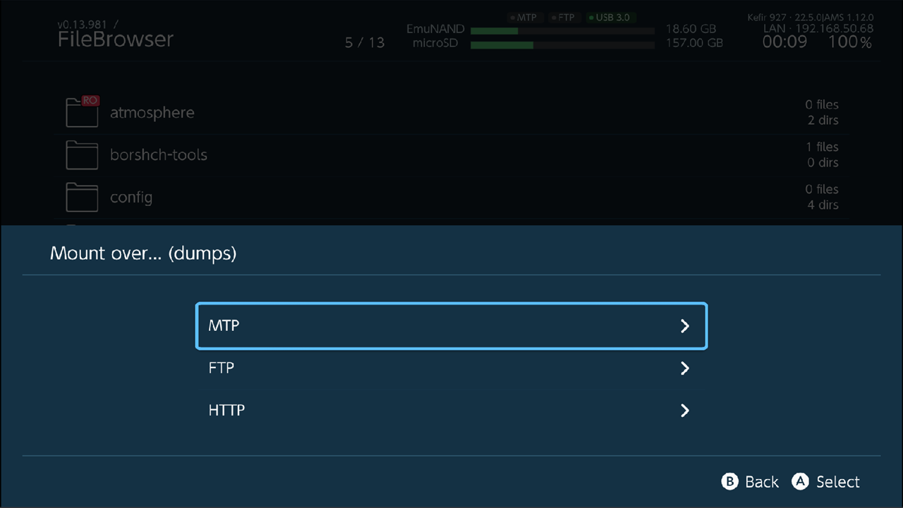 File Browser, Mount over... list with MTP, FTP, HTTP for the folder "games"