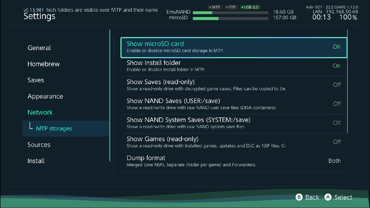 Settings, MTP storages page with the Show toggles, Dump format = Both, names and Add folder