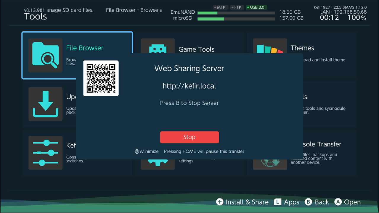 Web Sharing Server window: QR code, address http://kefir.local, "Press B to Stop Server"