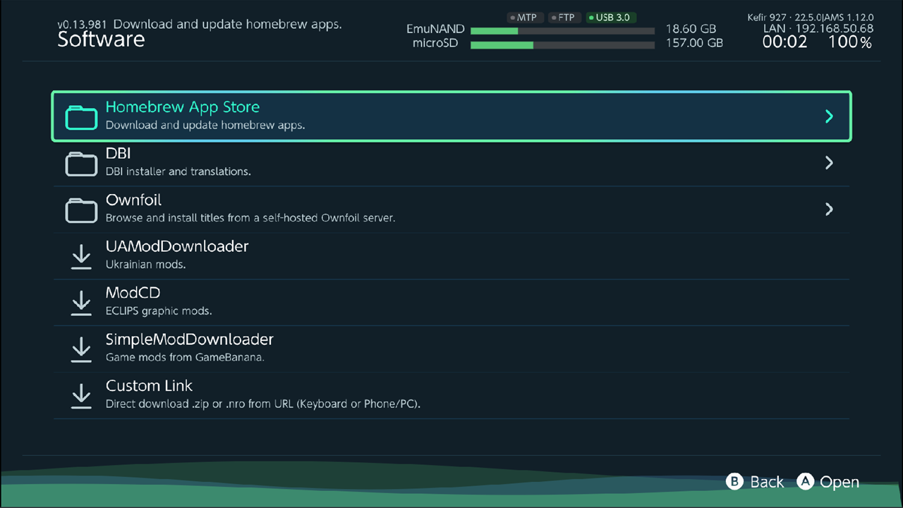 Software menu: Homebrew App Store, DBI, Ownfoil, UAModDownloader, ModCD, SimpleModDownloader, Custom Link
