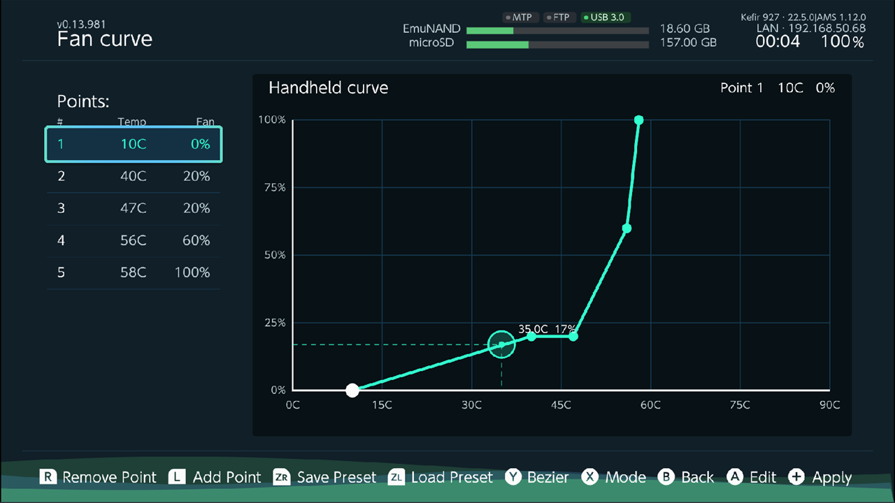 Fan curve screen: graph with points, live temperature, points list, Handheld curve label